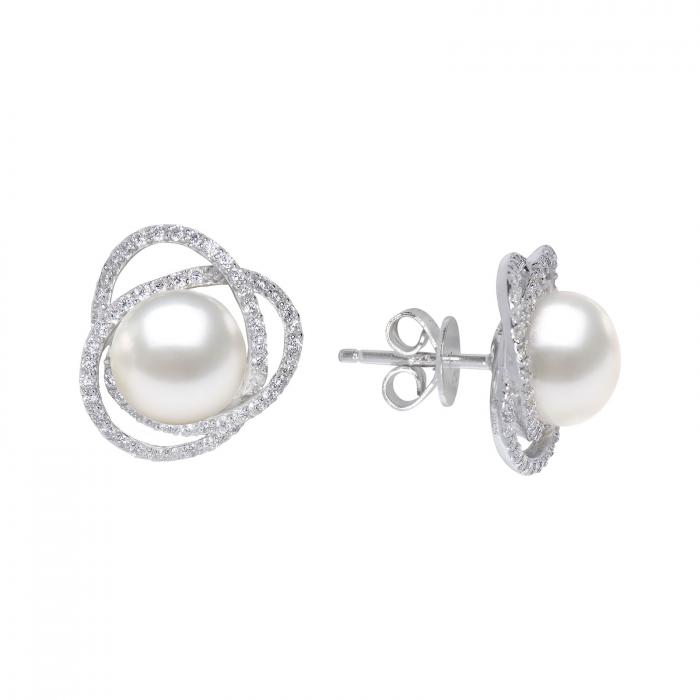 Susukti Tikrų perlų sidabriniai auskarai su cirkoniais - 9mm