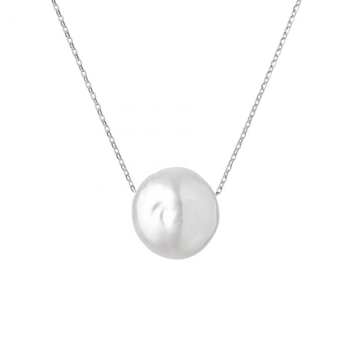 Pervertas plokščias didelio Tikro perlo pakabukas su Sidabrine grandinėle, perlas 14mm