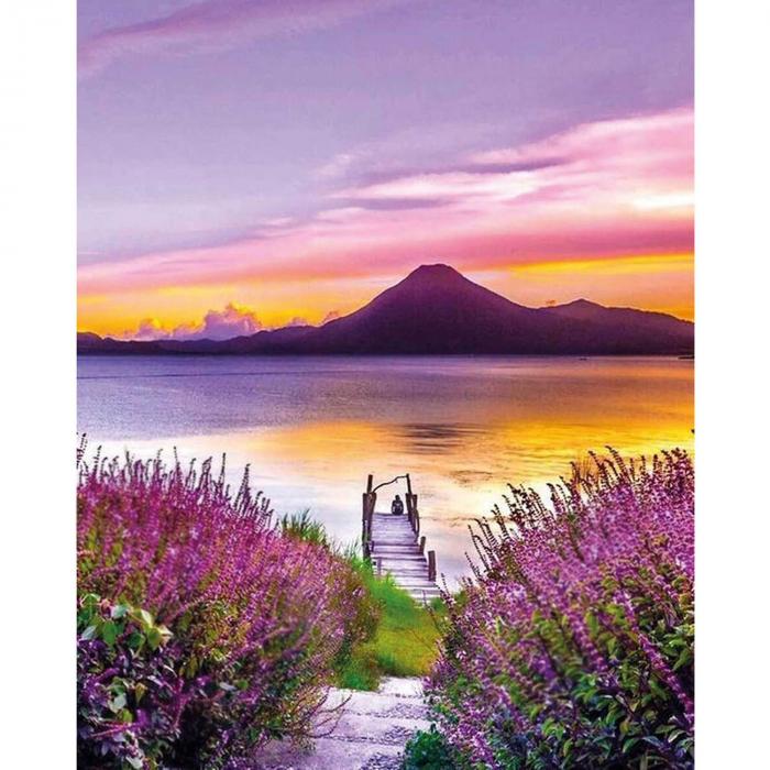 Dėliojamas paveikslas - Saulėlydis prie ežero su gėlėmis ir kalnu - Mozaika