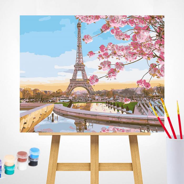 Žydinčios sakuros ir Eifelio bokštas  Paveikslo Piešimo rinkinys + Medinis Rėmas