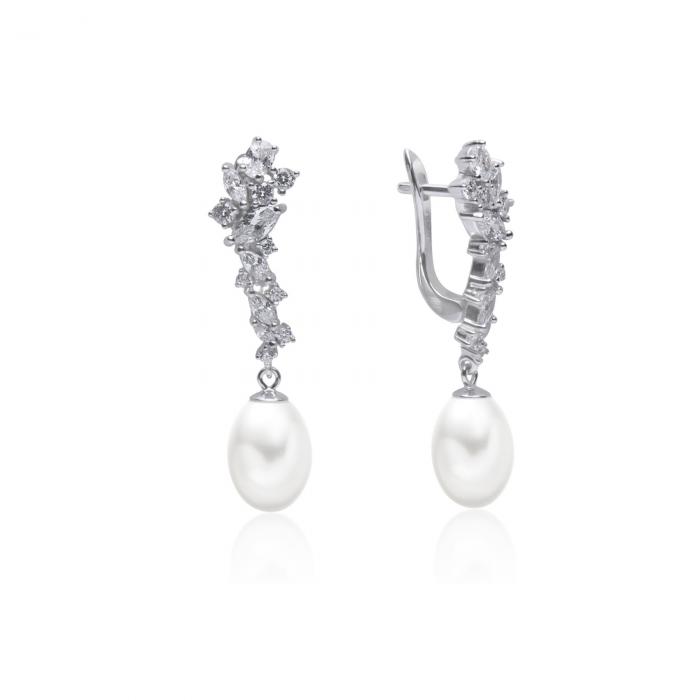 Ypatingi Perlų Auskarai Išskirtinio dizaino puošnūs dideliais cirkoniais,  perlas 8mm
